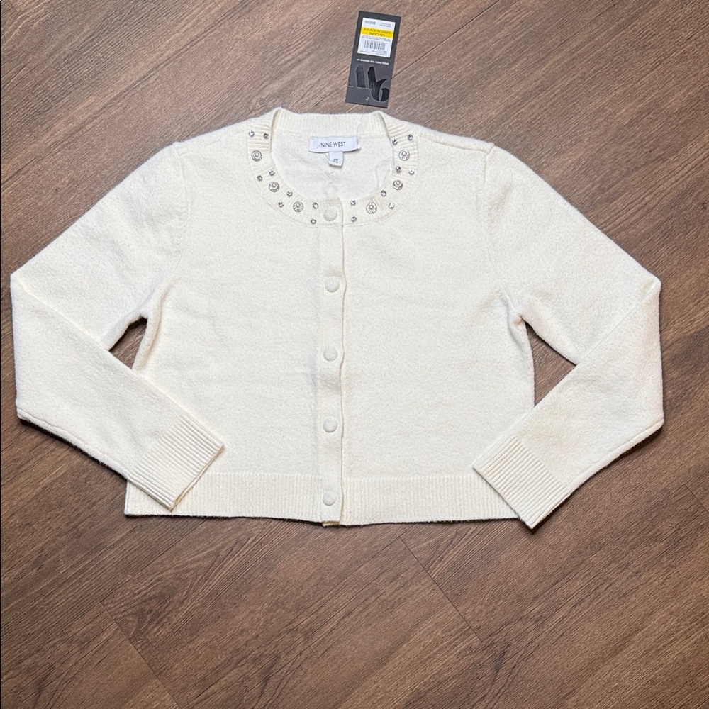 Nine West Cream  Cropped Cardigan with Decorative Neckline